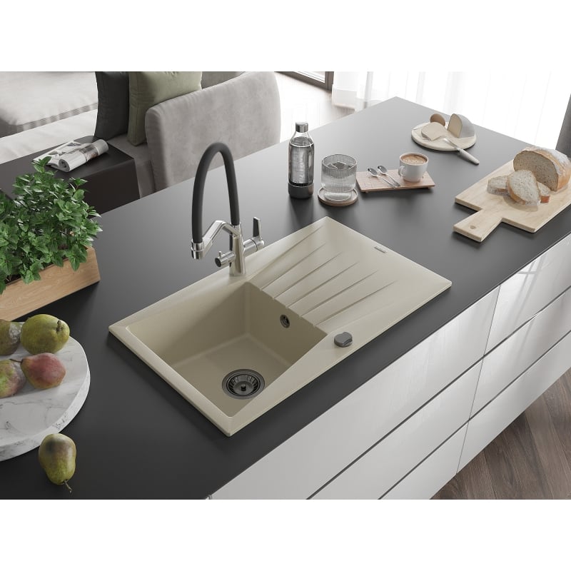 Mexen Cesar 1-Bowl Granite Sink with Drainer and Duo Kitchen Faucet, Beige - 6514-69-671701-07-B