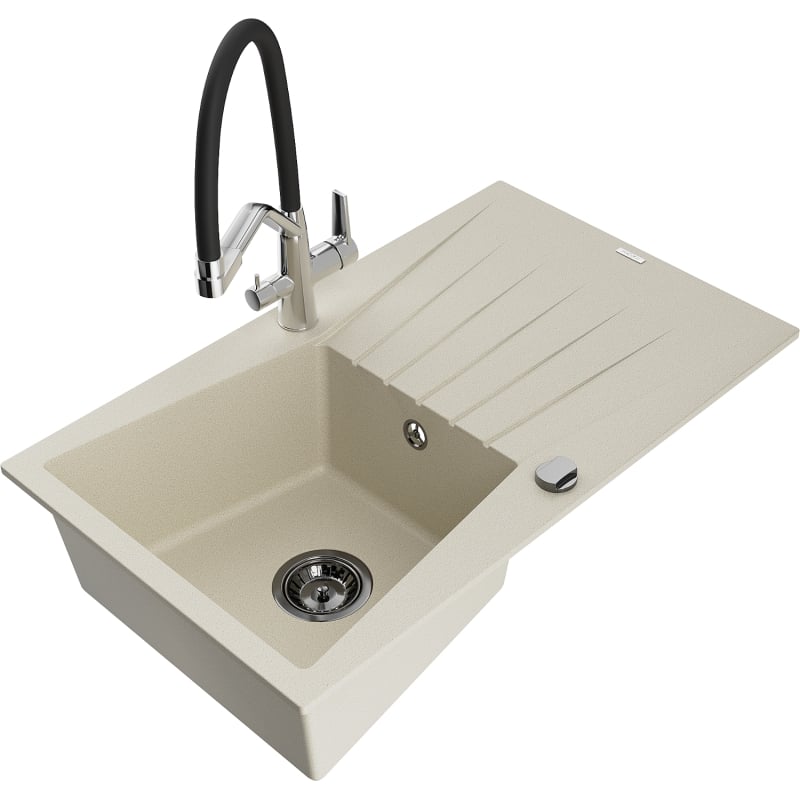 Mexen Cesar 1-Bowl Granite Sink with Drainer and Duo Kitchen Faucet, Beige - 6514-69-671701-07-B