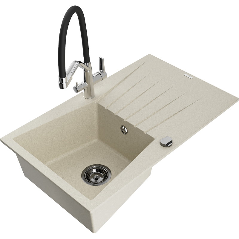 Mexen Cesar fregadero de granito de 1 tazón con escurridor y grifo de cocina Duo, beige - 6514-69-671701-07-B