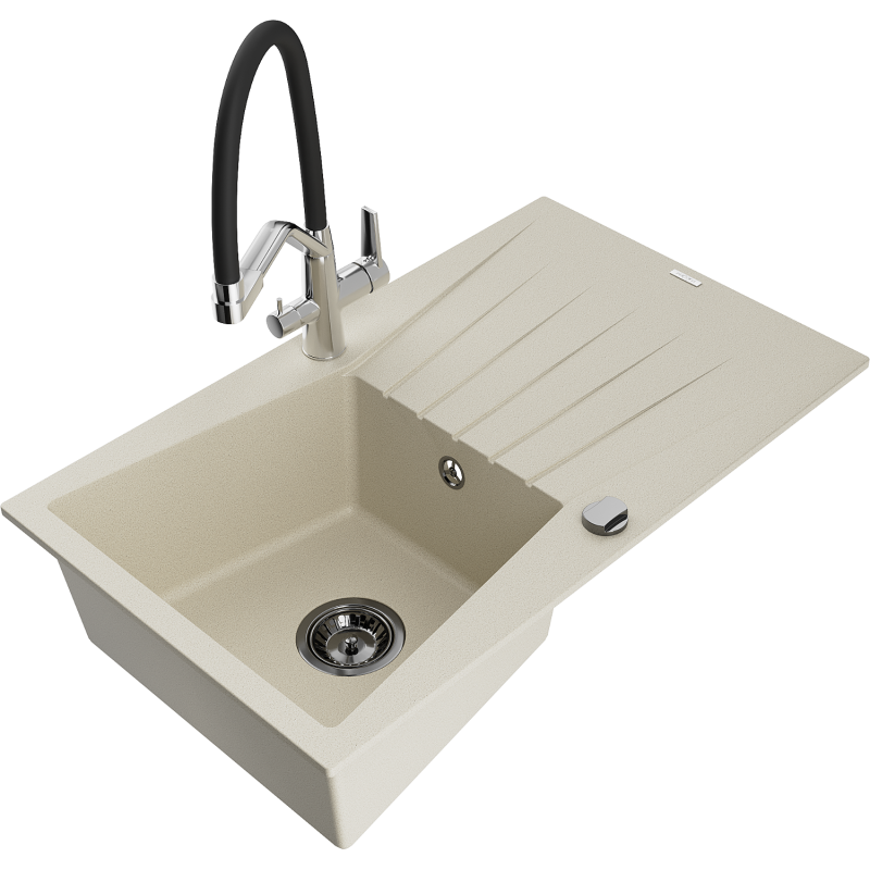 Mexen Cesar lava-louça de granito de 1 bacia com escorredor e torneira de cozinha Duo, bege - 6514-69-671701-07-B
