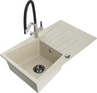 Mexen Cesar fregadero de granito de 1 cubeta con escurridor y grifo de cocina Duo, beige - 6514-69-671701-07-B