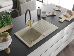 Mexen Cesar fregadero de granito de 1 seno con escurridor y grifo de cocina Duo, beige - 6514-69-671701-57-G