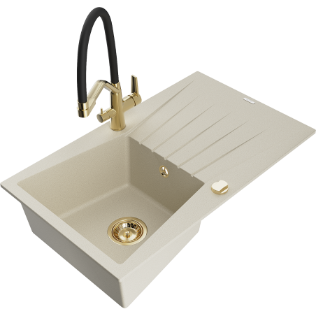 Mexen Cesar 1-bowl granite sink with drainer and Duo kitchen tap, beige - 6514-69-671701-57-G
