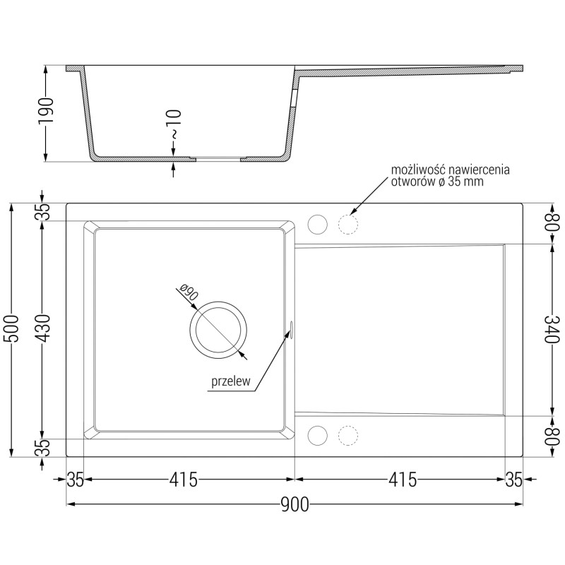 Mexen Leo graniitvalamu ühekambriline nõrgumisalusega 900 x 500 mm, must/kuldne metallik, kroom sifoon - 6501901010-75