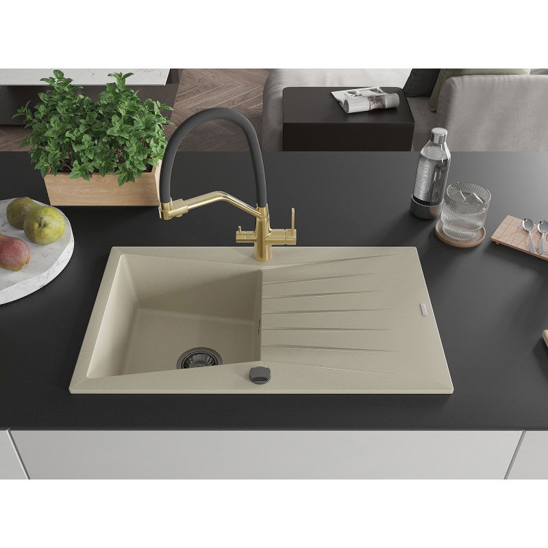 Mexen Cesar fregadero de granito de 1 seno con escurridor y grifo de cocina Duo, beige - 6514-69-671701-57-B