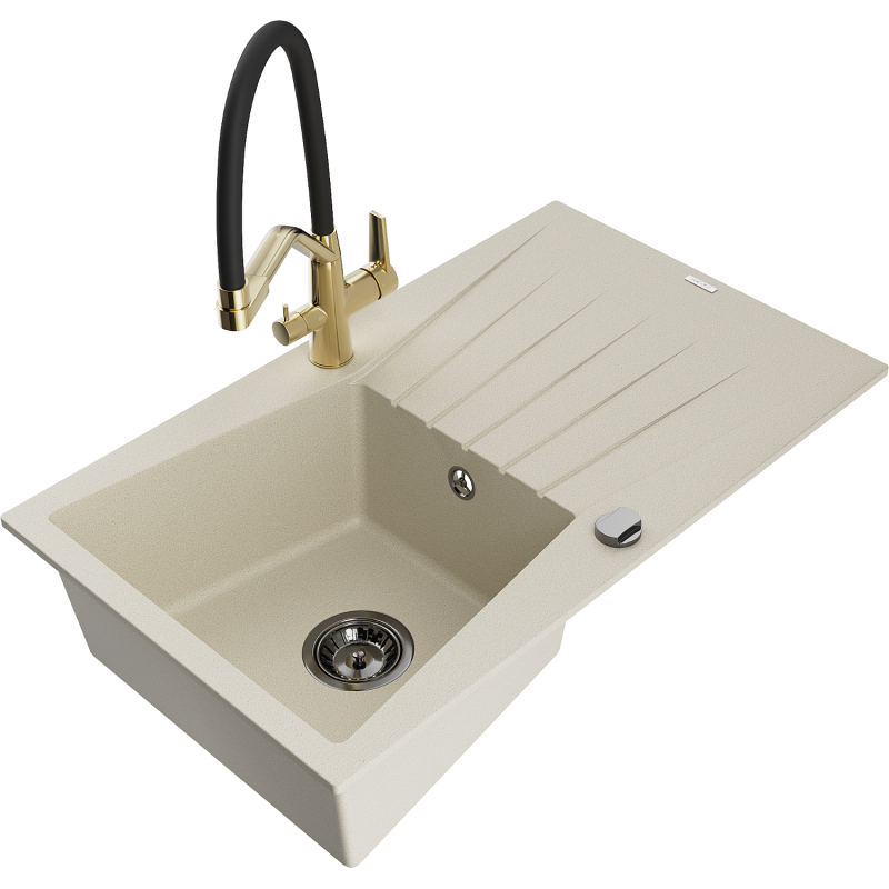 Mexen Cesar lavello in granito 1-vasca con scolapiatti e rubinetto da cucina Duo, beige - 6514-69-671701-57-B