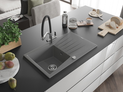 Mexen Cesar granite sink 1-bowl with drainer and Duo kitchen tap, grey - 6514-71-671701-07