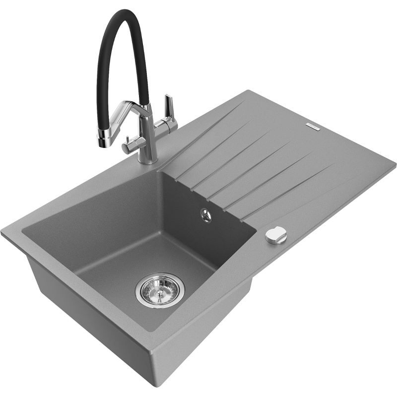 Mexen Cesar fregadero de granito 1-cámara con escurridor y grifo de cocina Duo, gris - 6514-71-671701-07