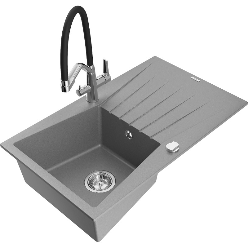 Mexen Cesar fregadero de granito de 1 compartimento con escurridor y grifo de cocina Duo, gris - 6514-71-671701-07