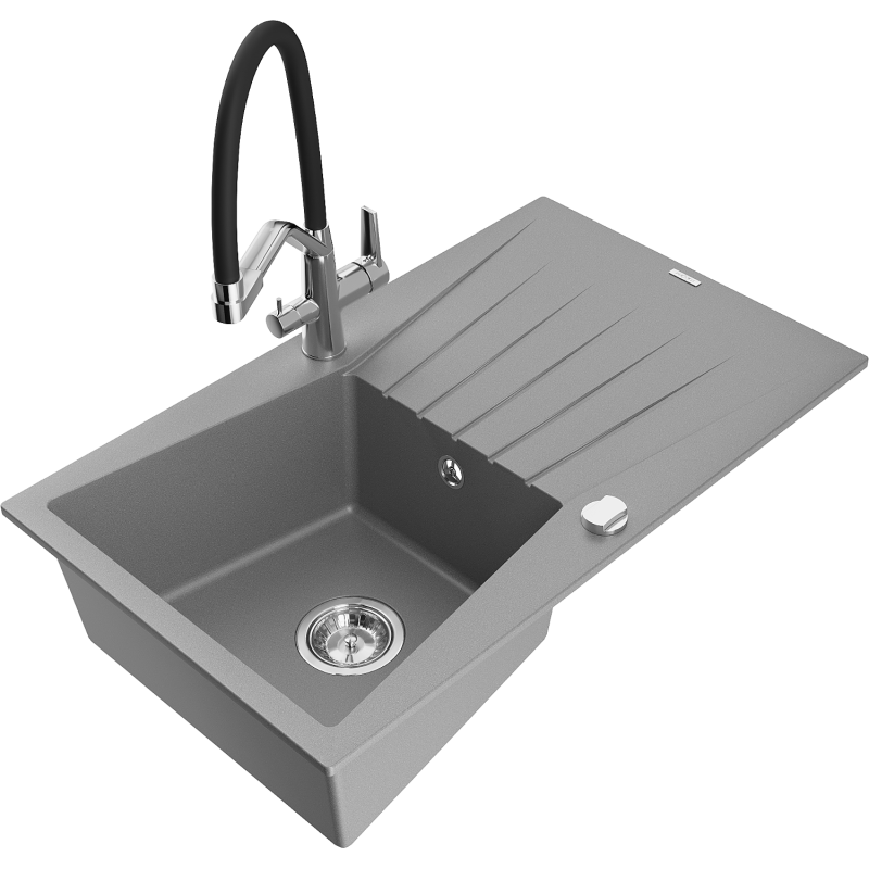 Mexen Cesar lava-loiça de granito de 1 cuba com escorredor e torneira de cozinha Duo, cinzento - 6514-71-671701-07