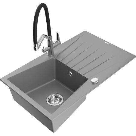 Mexen Cesar fregadero de granito 1-cámara con escurridor y grifo de cocina Duo, gris - 6514-71-671701-07