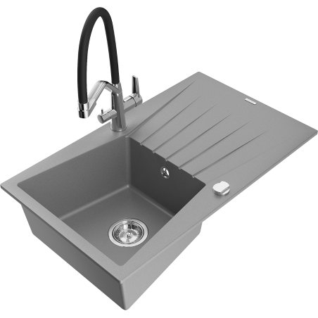 Mexen Cesar Granitspüle 1-beckig mit Abtropffläche und Küchenarmatur Duo, grau - 6514-71-671701-07