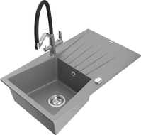 Mexen Cesar fregadero de granito 1-cámara con escurridor y grifo de cocina Duo, gris - 6514-71-671701-07