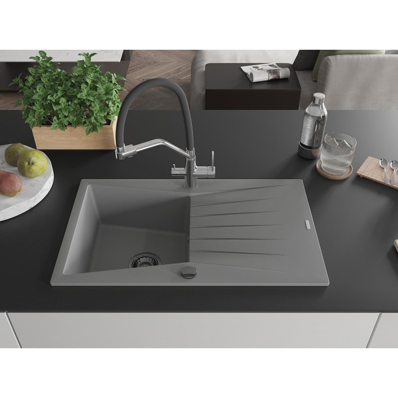 Mexen Cesar granite sink 1-bowl with drainer and Duo kitchen tap, grey - 6514-71-671701-07-B