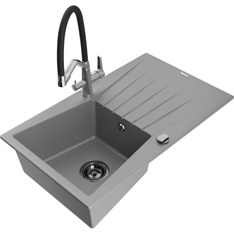 Mexen Cesar fregadero de granito de 1 seno con escurridor y grifo de cocina Duo, gris - 6514-71-671701-07-B