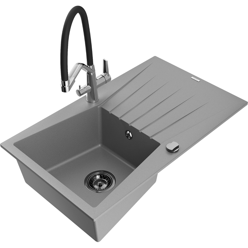 Mexen Cesar granite sink 1-bowl with drainer and Duo kitchen tap, grey - 6514-71-671701-07-B