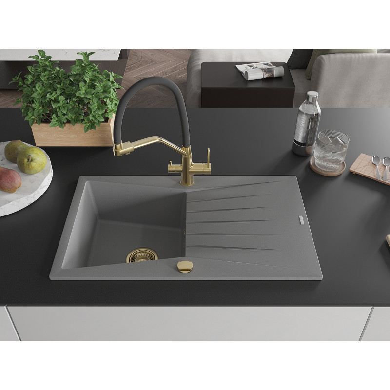 Mexen Cesar fregadero de granito de 1 compartimento con escurridor y grifo de cocina Duo, gris - 6514-71-671701-57-G