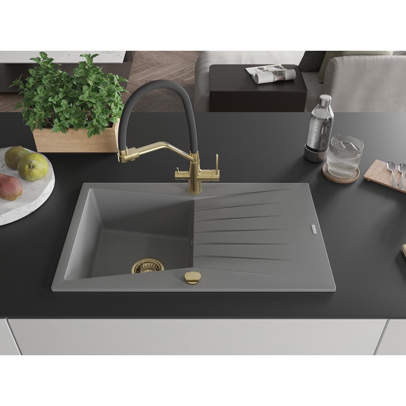 Mexen Cesar granite sink with 1 bowl, drainer and Duo kitchen tap, grey - 6514-71-671701-57-G