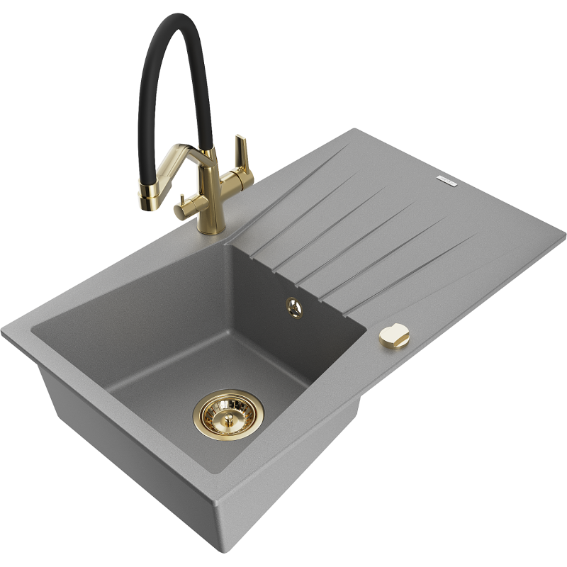 Mexen Cesar granite sink with 1 bowl, drainer and Duo kitchen tap, grey - 6514-71-671701-57-G