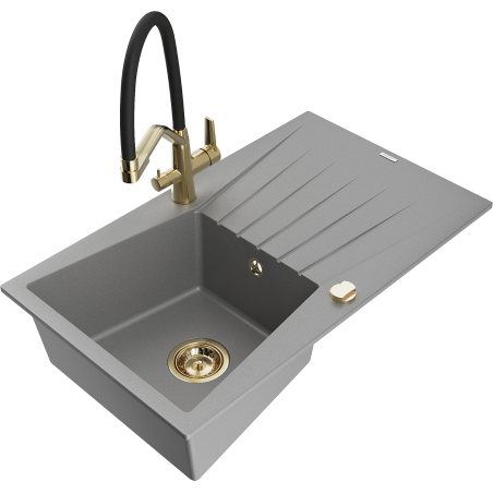 Mexen Cesar granite sink with 1 bowl, drainer and Duo kitchen tap, grey - 6514-71-671701-57-G
