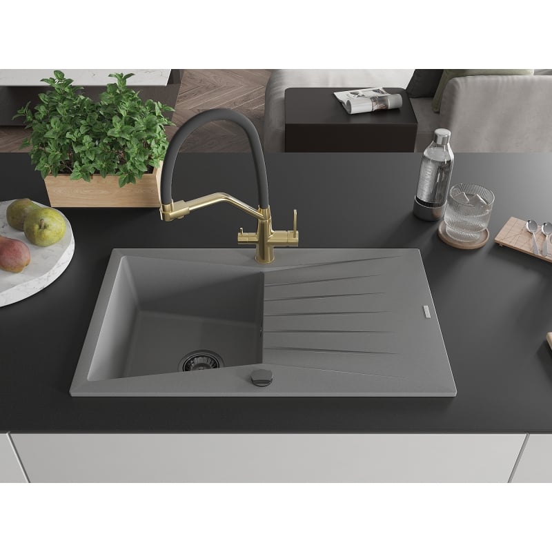 Mexen Cesar 1-bowl granite sink with drainer and Duo kitchen faucet, gray - 6514-71-671701-57-B