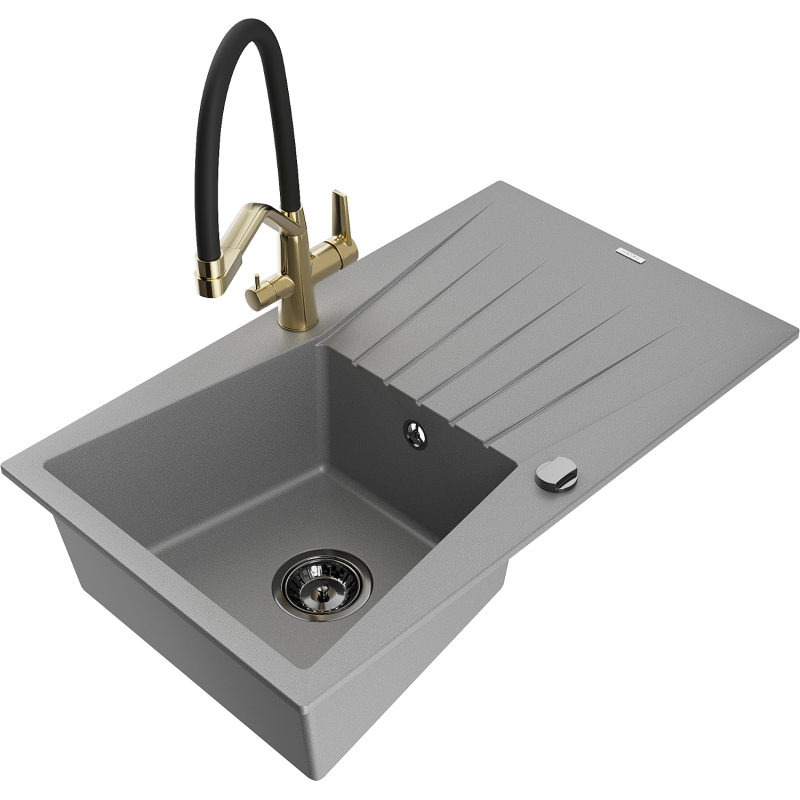 Mexen Cesar granite sink 1-bowl with drainer and kitchen tap Duo, grey - 6514-71-671701-57-B