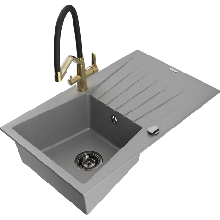 Mexen Cesar granite sink 1-bowl with drainer and kitchen tap Duo, grey - 6514-71-671701-57-B