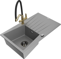 Mexen Cesar granite sink 1-bowl with drainer and kitchen tap Duo, grey - 6514-71-671701-57-B
