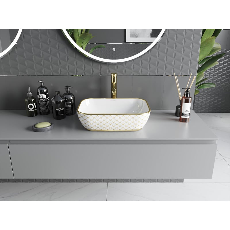 Mexen Rita countertop washbasin 45 x 32 cm, white/gold check pattern - 21084509