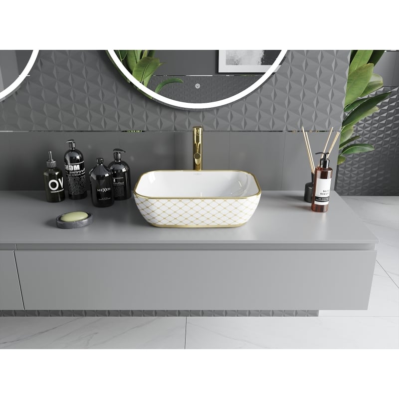 Mexen Rita countertop washbasin 45 x 32 cm, white/gold plaid pattern - 21084509