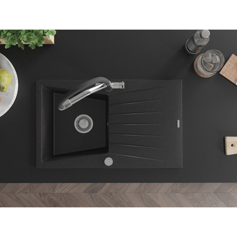 Mexen Cesar granite sink 1-bowl with drainer and Duo kitchen tap, black/silver metallic - 6514-73-671701-07