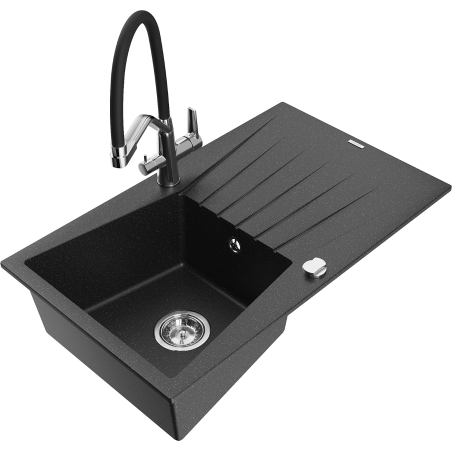 Mexen Cesar granite sink 1-bowl with drainer and Duo kitchen tap, black/silver metallic - 6514-73-671701-07