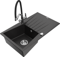 Mexen Cesar granite sink 1-bowl with drainer and Duo kitchen tap, black/silver metallic - 6514-73-671701-07