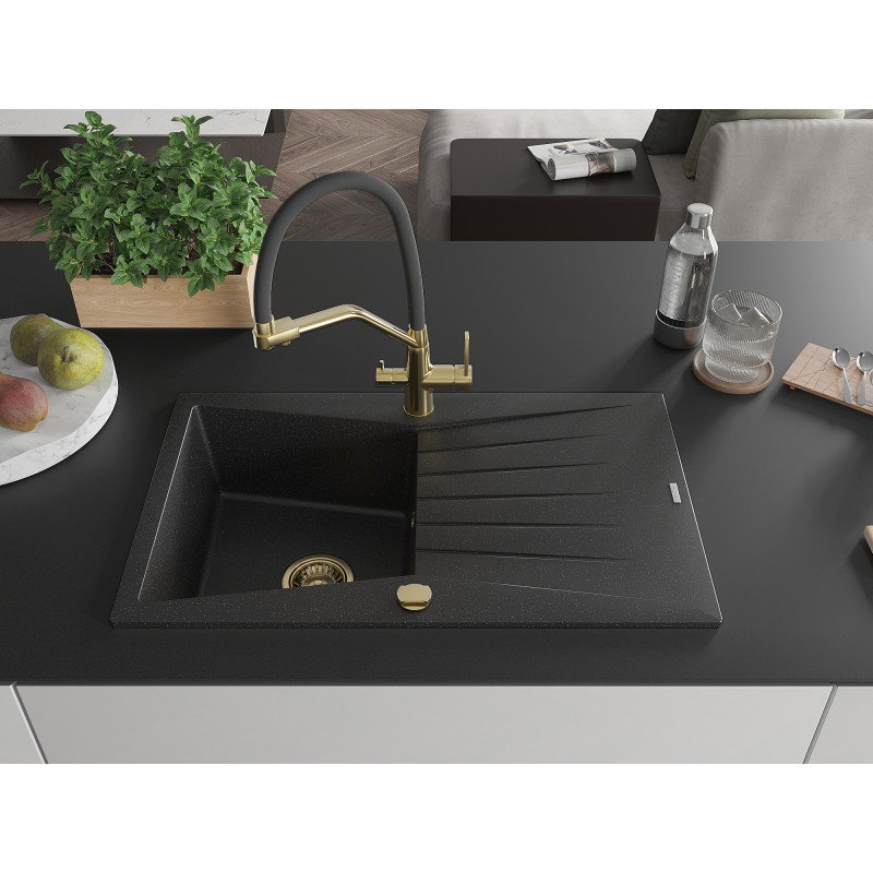 Mexen Cesar granite sink 1-bowl with drainer and Duo kitchen tap, black/silver metallic - 6514-73-671701-57-G