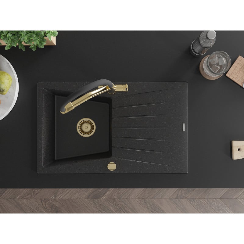 Mexen Cesar granitdiskbänk med 1 ho och avrinning och Duo köksblandare, svart/silver metallic - 6514-73-671701-57-G