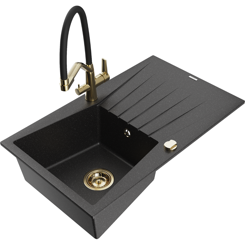 Mexen Cesar granite sink 1-bowl with drainer and Duo kitchen tap, black/silver metallic - 6514-73-671701-57-G