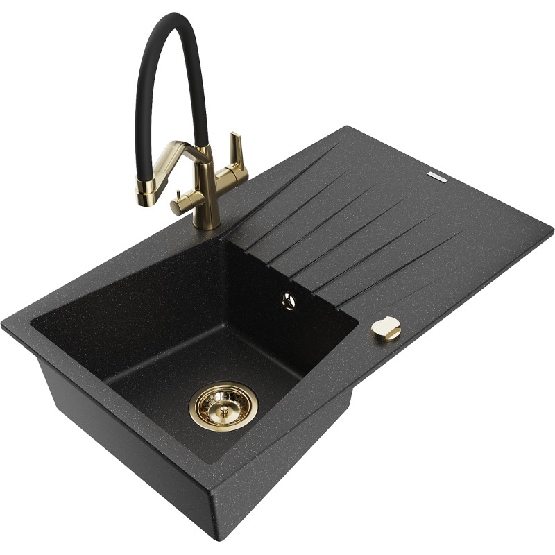 Mexen Cesar Granitspüle mit 1 Becken, Abtropffläche und Küchenarmatur Duo, schwarz/silber metallic - 6514-73-671701-57-G