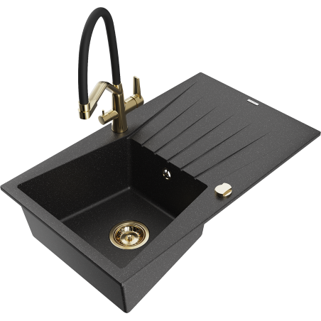 Mexen Cesar granite sink 1-bowl with drainer and Duo kitchen tap, black/silver metallic - 6514-73-671701-57-G