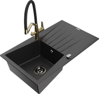 Mexen Cesar granite kitchen sink 1-bowl with drainer and Duo kitchen tap, black/silver metallic - 6514-73-671701-57-B