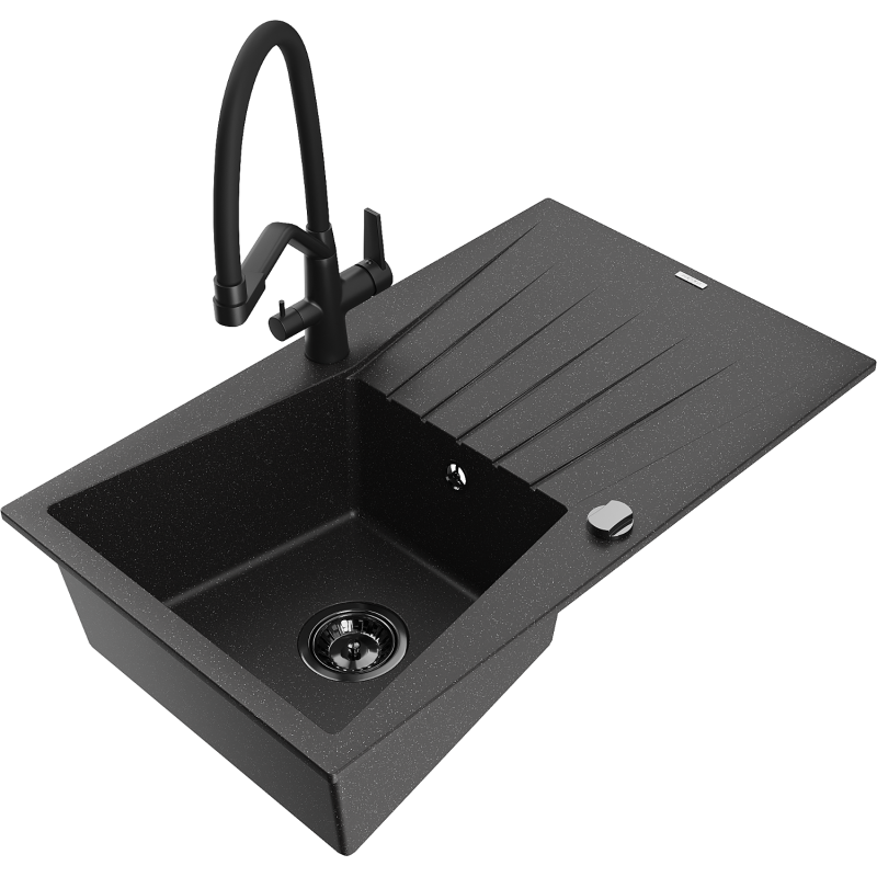 Mexen Cesar granitdiskbänk 1-kammare med avrinningsplatta och köksblandare Duo, svart/silver metallic - 6514-73-671701-70-B