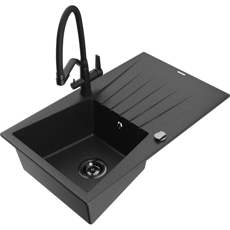 Mexen Cesar one-bowl granite sink with drainer and Duo kitchen tap, black/silver metallic - 6514-73-671701-70-B