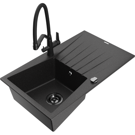 Mexen Cesar fregadero de granito de 1 seno con escurridor y grifo de cocina Duo, negro/metálico plateado - 6514-73-671701-70-B