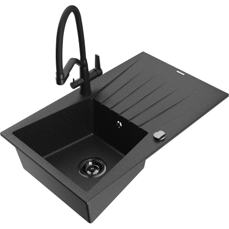 Mexen Cesar one-bowl granite sink with drainer and Duo kitchen tap, black/silver metallic - 6514-73-671701-70-B