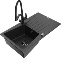 Mexen Cesar one-bowl granite sink with drainer and Duo kitchen tap, black/silver metallic - 6514-73-671701-70-B