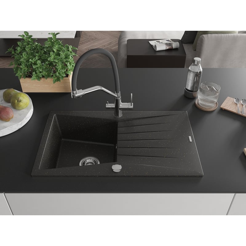 Mexen Cesar granit gootsteen 1-kompartiment met afdruiprek en keukenmengkraan Duo, zwart/gouden metallic - 6514-75-671701-07