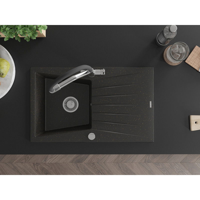 Mexen Cesar lavello in granito a 1 vasca con sgocciolatoio e miscelatore Duo, nero/oro metallizzato - 6514-75-671701-07