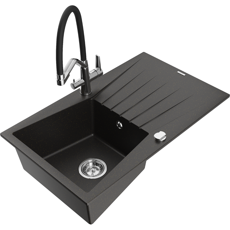 Mexen Cesar 1-bowl Granite Kitchen Sink with Drainer and Duo Kitchen Tap, Black/Gold Metallic - 6514-75-671701-07
