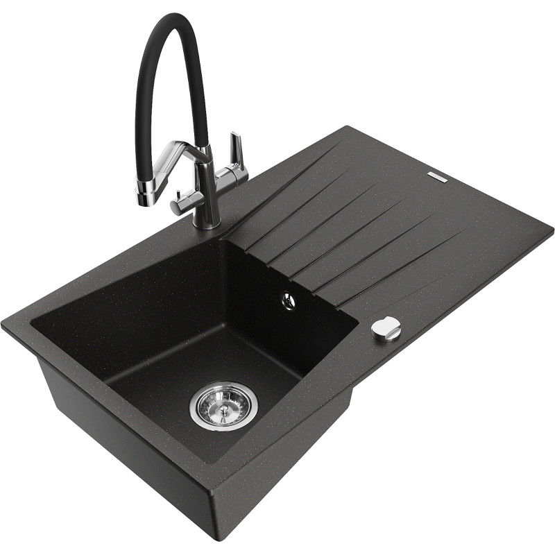 Mexen Cesar fregadero de granito de 1 seno con escurridor y grifo de cocina Duo, negro/dorado metálico - 6514-75-671701-07