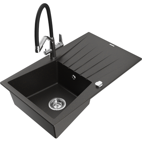 Mexen Cesar 1-bowl Granite Kitchen Sink with Drainer and Duo Kitchen Tap, Black/Gold Metallic - 6514-75-671701-07