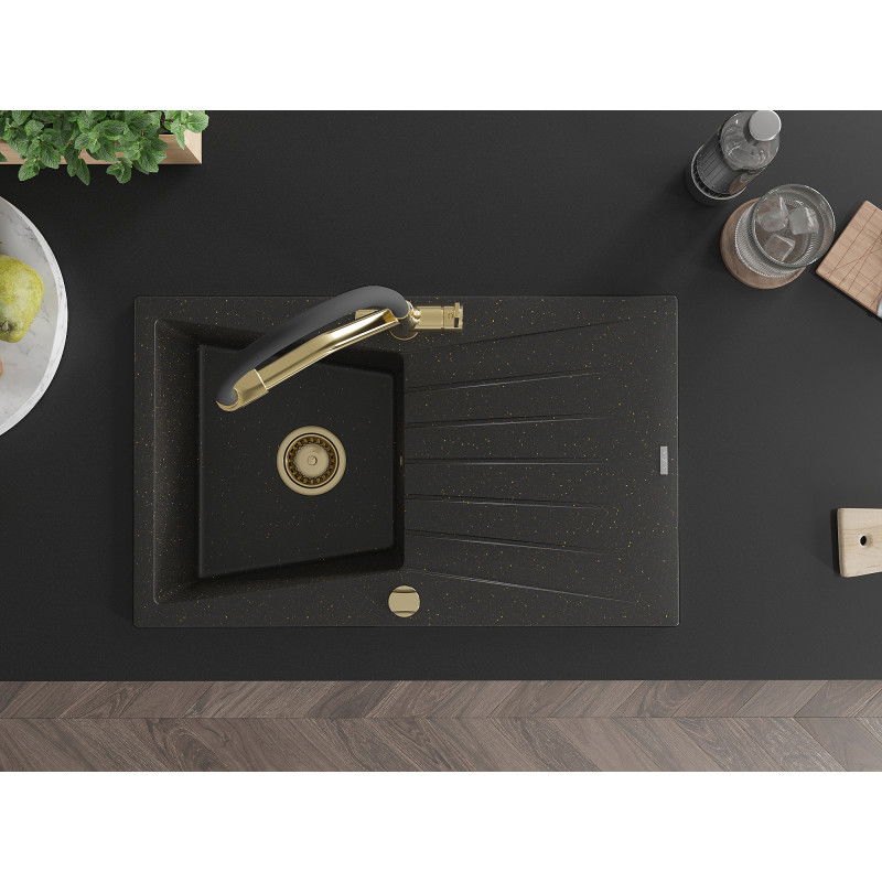 Mexen Cesar Granitspüle 1-Becken mit Abtropffläche und Küchenarmatur Duo, schwarz/goldener Metallic - 6514-75-671701-57-G